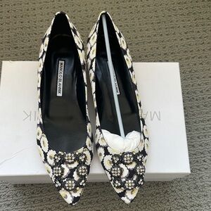 Manolo Blahnik Black and White Daisy Embellished Heels